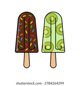 Two popsicles with sprinkles and kiwi slices ice cream popsicle chocolate sprinkles refreshment
