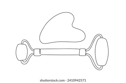 Dos masajes populares para el automasaje de la cara. Gua sha board y rodillo para la cara. La herramienta se usa para rascar la piel de la gente. Imágenes producidas sin el uso de ningún tipo de software de IA en cualquier etapa. 
