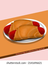 Two Pork Sausages Wrapped In Dough And Baked Commonly Called Pig In A Blanket Served On White Plate, National Pigs In A Blanket Day April 24