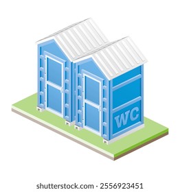 Two portable chemical toilets. Isometric dry water closet cabin. Vector illustration. Object isolated on white. Blue restroom WC lavatory stall.