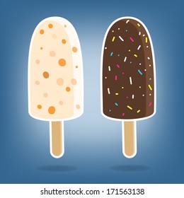 Two portions of vector ice cream - dark and milk chocolate with different toppings