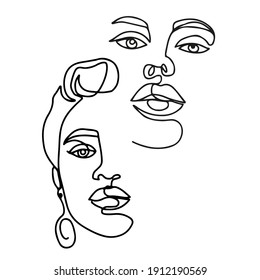 Two portrait of a young girl abstract style. Continuous line drawing.  One line face art vector illustration isolated