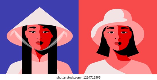 Two portraits of abstract asian girls, in traditional national costume and modern casual clothes. Vector illustration