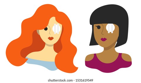 Two portraits of girls with eye bandage after surgery (redhead in blue and dark skinned with black hair in purple clothes), white background, vector graphics, vector illustration