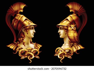 Two Portraits In Profile Of The Ancient Greek Goddess Athena In A Helmet On A Black Background 