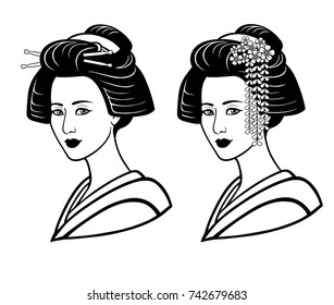Two portraits of the young Japanese girl an ancient hairstyle. Geisha, maiko, princess.   Print, poster, t-shirt, card. Vector illustration isolated on white background.