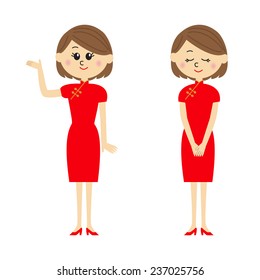 Two pose variations of young woman in red china dress, vector illustration