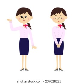 Two pose variations of young woman in a flight attendant outfit, vector illustration
