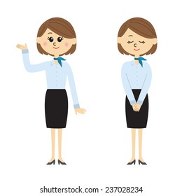 Two pose variations of young woman in a flight attendant outfit, vector illustration