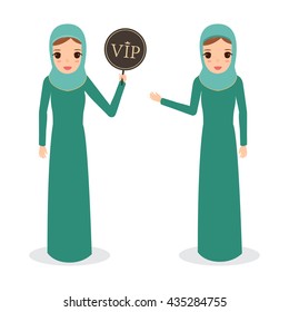 Two pose variations of young woman in a flight attendant outfit. Arab woman character.