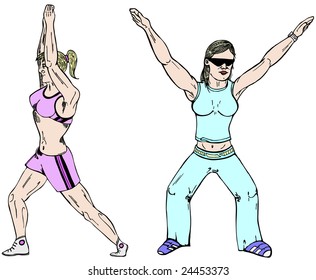 Two poses of aerobic girl in vector illustration