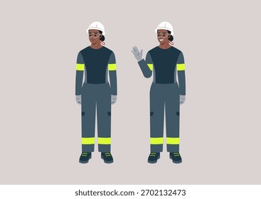 Two poses of an Energetic female worker engaging in a teamwork exercise at a construction site, showcasing safety and collaboration in a diverse work environment