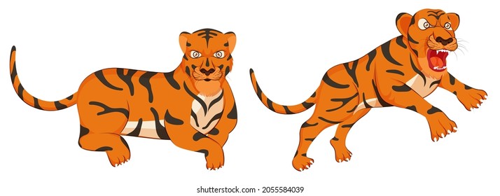 Two Position Of Tiger Character On White Background.