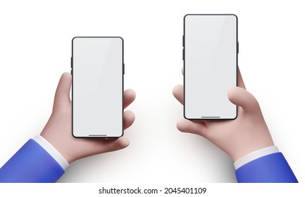 Two positions of 3d businessman hands holding the black smartphone with blank screen and modern frameless design isolated on white background. Vector illustration