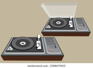 Two positions of gramophone from 70s with and without transparent cover