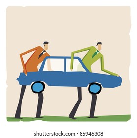 Two positive businessman walking with a big car on a beige