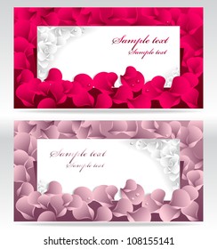 Two post card or frames or banners with red and pink petals   rose and with water drops