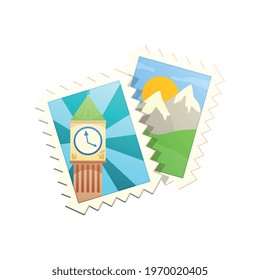 Two post stamps with images of mountains and landmark tower flat vector illustration