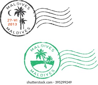 Two postal grunge stamps ''Maldives''. White background.