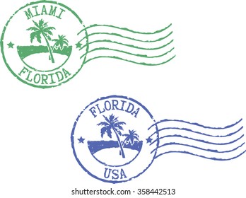 Two postal grunge stamps 'Miami-Florida' and 'Florida-USA'. White background.