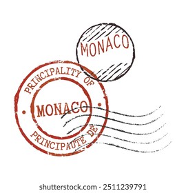 Dois selos postais grunge "Principado de Mônaco". Inscrição em inglês e francês. 