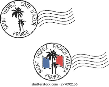 Two postal grunge stamps 'Saint Tropez'. French and english inscription.