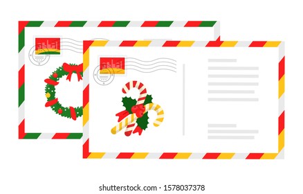 Two postal letters to Santa Clause. Envelop mail with christmas design. Greeting postcards with stamps and mark. Candy cane and wreath decoration. Striped frame. Flat cartoon set. Vector illustration