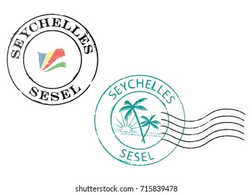 Two postal stamp ''Seychelles''. English and Creole quote. White background.