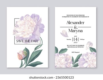 Two postcard designs with wedding invitation template and white peony flowers. Place for text can be used, for advertising, social media posts, flyers, covers and even packaging design. 