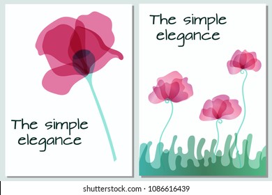 Two postcard with poppy. Petals  on multiply. In first picture the one poppy. In two picture the three poppies and grass. object with transparent. EPS 10