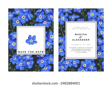 Two postcard templates with botanical frames. Floral backgrounds with the image of blue forget-me-nots on a dark background. Hand drawn realistic plants. You can use space for the text as you see fit