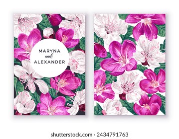 Two postcard templates with a bright botanical design. Very floral spring design with flowers and leaves of fruit trees. Realistic hand drawn apricot, peach, cherry, apple or pear flowers.