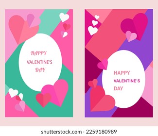 Two postcards Happy Valentine's Day. Different colors of hearts. Congratulation. Love. Card. 