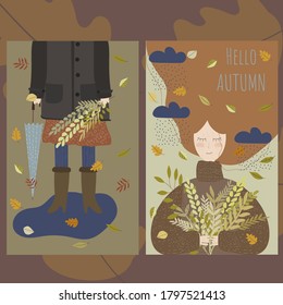 two postcards on the theme of autumn with a girl