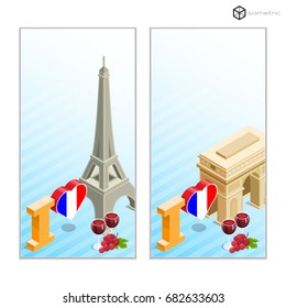 Two postcards on the topic I love France, the layout of postcards about France in isometric