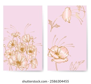 Two postcards pink poppies with golden long stamens on a pink background