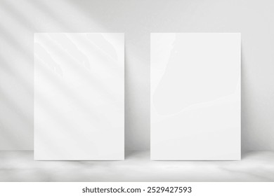 Dos maquetas de póster. Maqueta de papel A4. Marco de imagen. Página realista blanca sobre fondo de pared. Hojas de folleto. Volantes Plantillas con sombra. 2 páginas en blanco. Folleto de Cartera. Ilustración vectorial