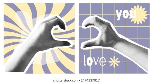Two poster  on retro groovy backgrounds. Hands forming a heart shape in halftone style