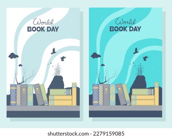 Two poster options for World Book Day Bookshelf on the background of the landscape