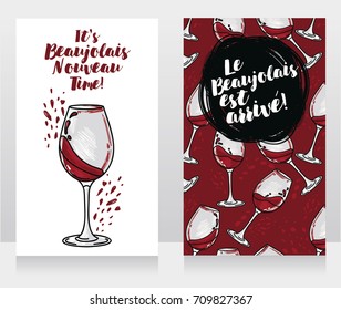 Two posters for Beaujolais Nouveau, can be used as menu cover for wine bar or as invitations for wine party, vector illustration