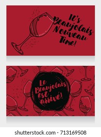 Two posters for Beaujolais Nouveau, can be used as menu cover for wine bar or as invitations for wine party, marsala color, vector illustration