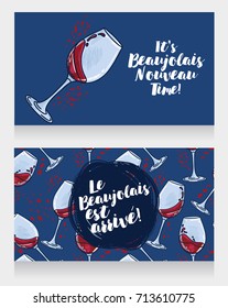 Two posters for Beaujolais Nouveau, can be used as menu cover for wine bar or as invitations for wine party, vector illustration