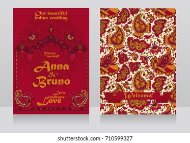 two posters for beautiful indian wedding with traditional arch and paisley ornament, red and yellow colors, vector illustration