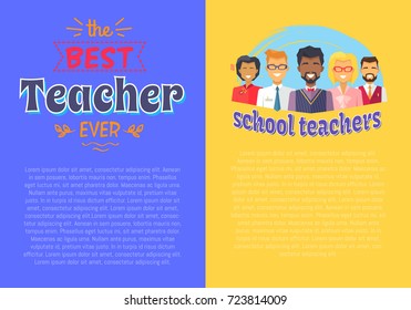 Two posters best school teacher theme including example of text, title and pictures of educators vector illustration isolated on purple and yellow