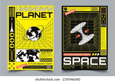 Two posters with HUD elements, perspective grid, futuristic design elements, chart, black hole and model of planet. Abstract banner with wireframe 3D figures