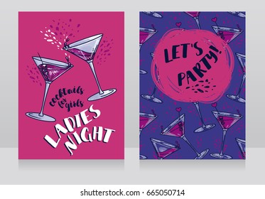 Two posters for ladies night party, can be used as menu cover for cocktail bar, pink and lilac colors, vector illustration