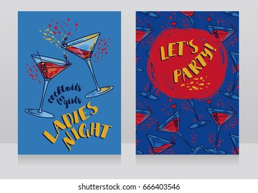 Two posters for ladies night party, can be used as menu cover for cocktail bar, pop art palette, vector illustration