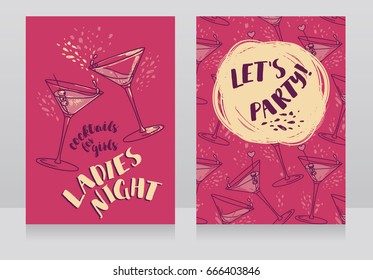 Two posters for ladies night party, can be used as menu cover for cocktail bar, pink colors, vector illustration