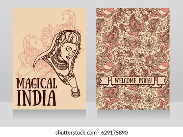 two posters for magical india with beautiful indian woman in traditional saree and paisley ornament, vector illustration