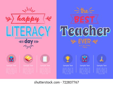 Two posters on school theme, literacy day and best teacher award with sample text isolated on pink and blue backgrounds vector illustration